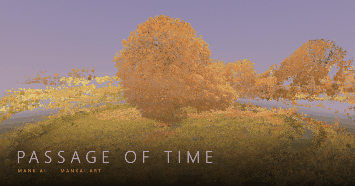 A gaussian-splat reconstruction of an oak tree in autumn colour against a dark sky.